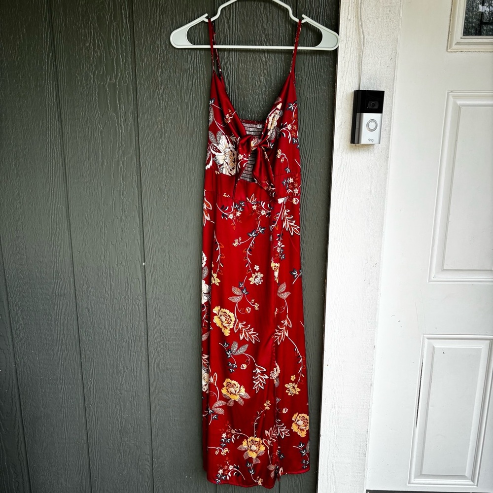 Red Floral Satin Midi Dress with Front Tie and Slit